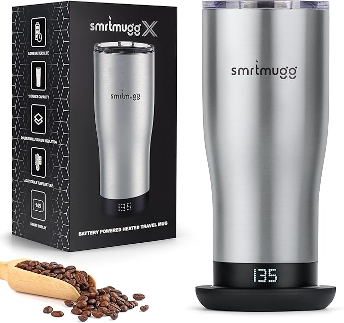 X Heated Coffee Mug 19 oz., 8 Hour Battery Life, Self-Heating, Adjustable Temp Controlled, LCD Screen, Includes Cover with Magnetic Slider (Black) (Stainless Steel)