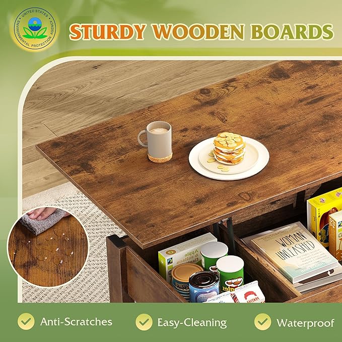 WLIVE Coffee Table, Lift Top Coffee Table with 2 Drawers, Large Storage and Open Shelf, Lift Tabletop for Living Room, Rustic Brown