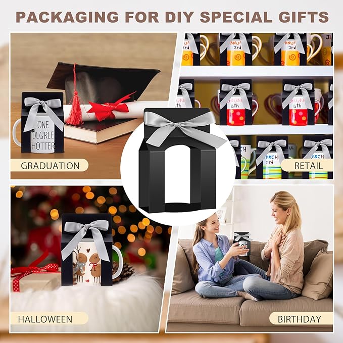 Kosiz 36 Pcs Mug Boxes Sublimation Coffee Mugs Gift Bags with Window Packaging Storage Box for Shipping Selling Wedding Valentines Gift Packaging Wrapping (for 11oz Mug,Black,Silver)