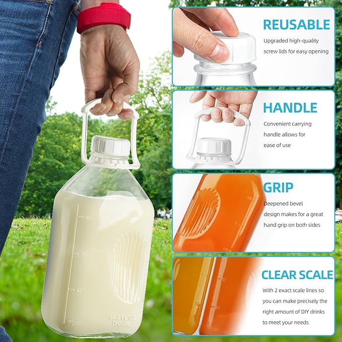 2 Pack 1/2 Gallon Glass Milk Bottles with Airtight Screw Lid & Handle & 2 Spouts - Heavy Duty Glass Water Bottles - Breastmilk Jug Pitcher with Scale Lines, Milk Container for Refrigerator Storage