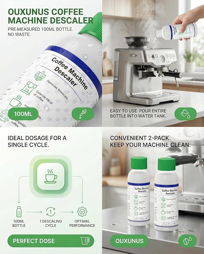 Ouxunus Descaling Kit Compatible with Delonghi Coffee Machines: 2 Full Maintenance Cycles | 2 Compatible with De'Longhi water Filters + 2x100ml Descaling Solution Replace Every 3 Months （6-Month）