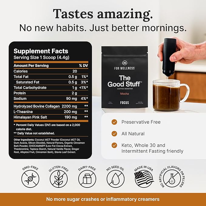 For Wellness The Good Stuff Focus | Healthy Mocha Coffee Creamer Powder with Collagen, MCT Oil & L-Theanine | Keto Non-Dairy Coffee Booster for Focus & Energy | 30 Servings