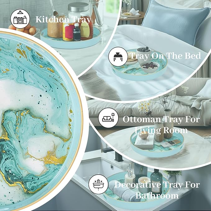 MAONAME Turquoise Decorative Tray for Coffee Table, 13" Modern Marbling Serving Tray with Handles, Plastic Round Trays for Ottoman, Bathroom, Storage