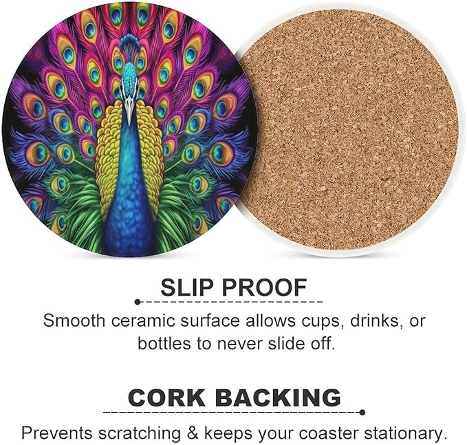 Round-4PCS Peacock Ceramic Coasters, Round Absorbent Drink Coasters, Vintage Country Beautiful Colorful Peacock Ceramic Table Coasters for Coffee, Beverage, Wine, Beer Coasters