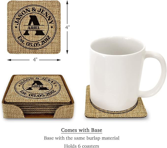 Smile Art Design Family Monogram Custom Coaster Set of 6 with Base Square Burlap Material Family Name Personalized Prints Personalized Gifts Housewarming Wedding Gift Rustic Home Decor Style2