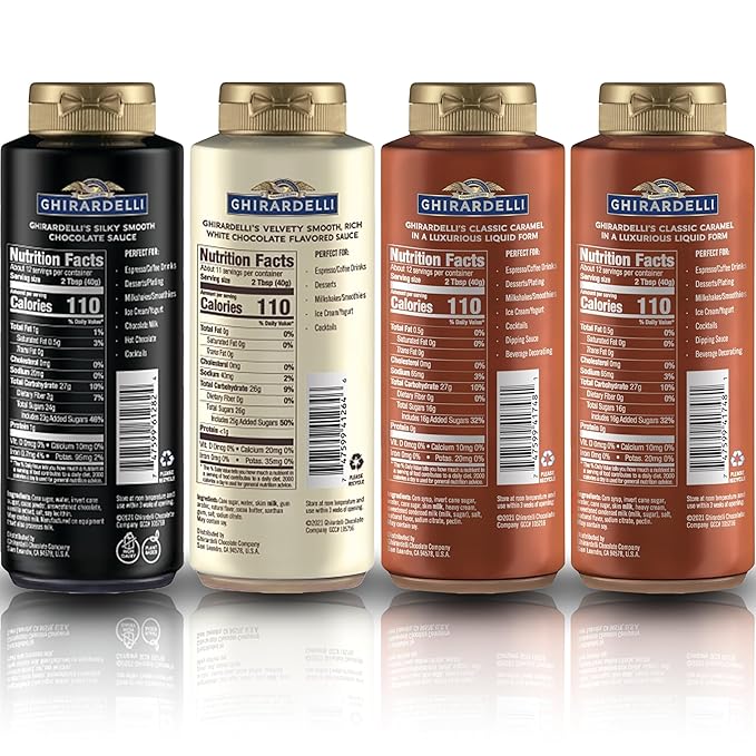 Ghirardelli Flavored Sauce Variety Pack | 16 oz Bottles (Pack of 4) | Chocolate, Caramel, and White Chocolate Dessert Toppings for Coffee Drinks, Ice Cream, and Baking Recipes