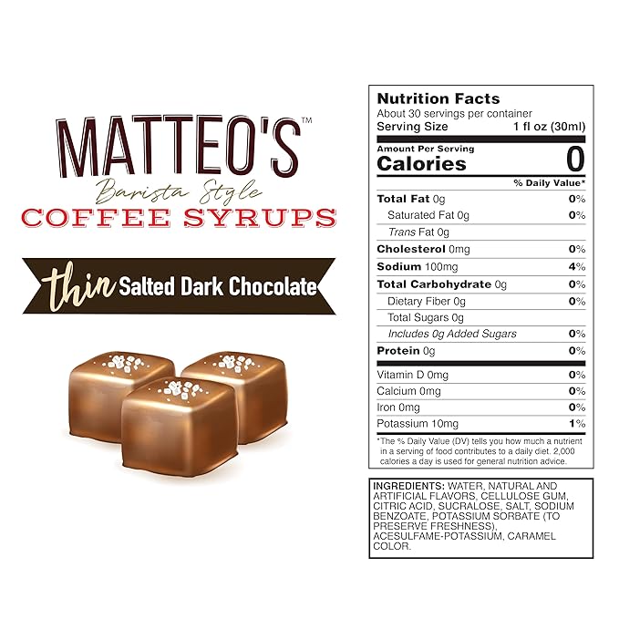 Matteo's Salted Dark Chocolate Syrup for Coffee, Lattes, Cappuccinos & Desserts – Sugar-Free Sweetener for Beverages, Keto Friendly, Zero Calories, Indulgent Flavor, Non-Alcoholic, 33.8oz (1pk)