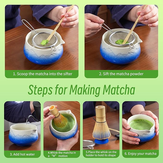 TEANAGOO 7 Pcs Matcha Whisk Set,Blue Matcha Set, Ceremony Matcha Powder Kit,Matcha Tea Set for Making Latte,Matcha Whisk Set and Bowl with Scoop&Sifter,Fuji Design Ceramic Bowl,Gift for Matcha Lovers