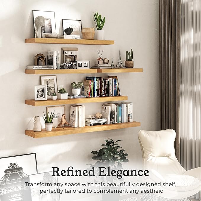 Floating Shelves for Wall, 7.9" Deep Wall Mounted Wood Shelves for Bathroom, Bedroom, Living Room, Kitchen, Hanging Shelf for Books/Storage/Room Decor (Oak, 16")