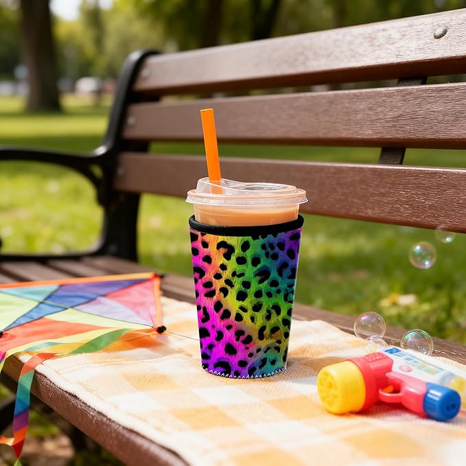 Rainbow Leopard Iced Coffee Sleeve Set Rainbow Leopard Iced Coffee Sleeve Set of 3 Colorful Neon Animal Print Insulated Coffee Sleeve for Women & Gifts Fits S/M/L 3-Pack