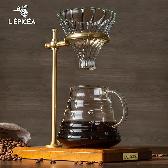 L'ÉPICÉA Pour Over Coffee Maker Set, Pour Over Coffee Maker with Stand, Adjustable Stainless Steel Stand, Wooden Base, Paper Filters, Cone Glass Coffee Carafe, Pour Over Coffee Dripper