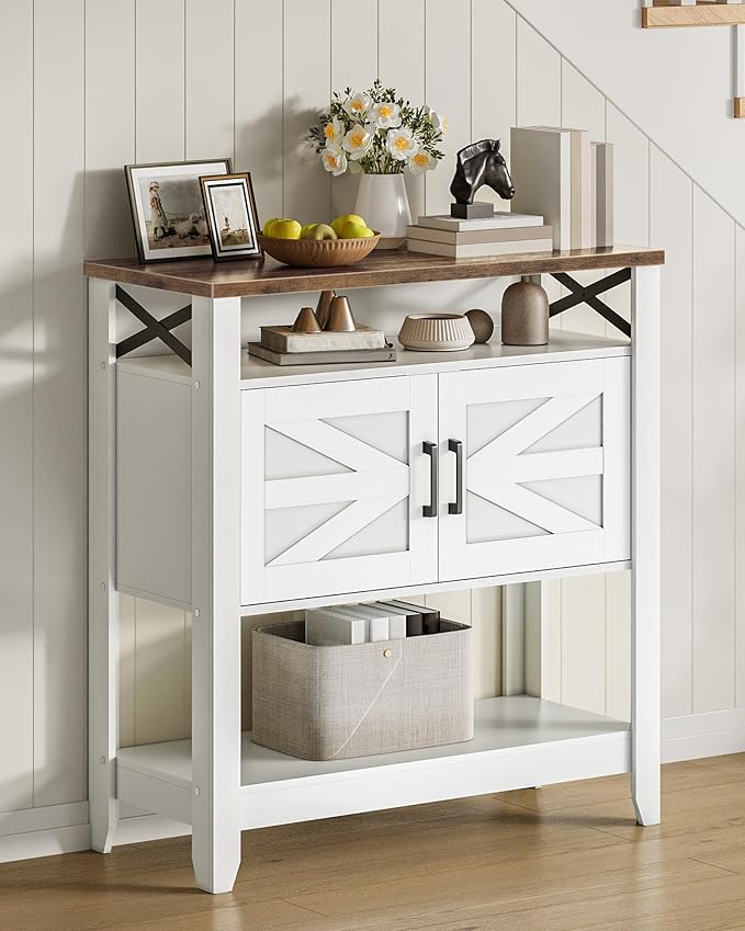Console Table, Farmhouse Sofa Table with Power Outlet, Coffee Bar Cabinet with Storage, Entryway Table, Coffee Bar Table, for Entrance, Hallway, Kitchen, White and Walnut MXG01UWL