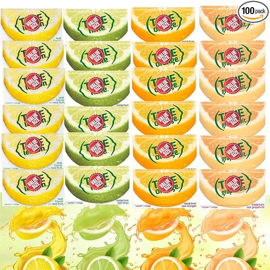 Truae Lemon, Truae Lime, Truae Orange, Truae Grapefruit, Varrirty Pack 100 Count, On-The-Go Powdered Drink Mix Variety Pack, Zero Calorie Unsweetened Water Flavoring, Each Packet Fits Into a 16.9 oz. Bottle or Cup