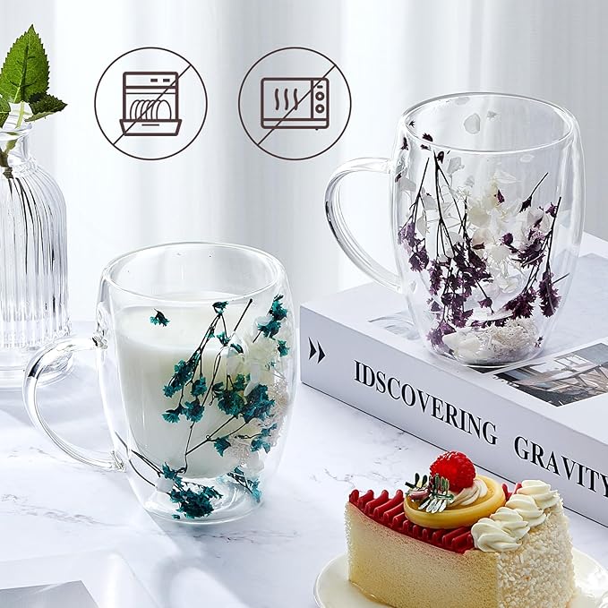 Rtteri 2 Pcs Double Wall Glass Coffee Mugs Clear Flower Coffee Mug with Handle 350 ml Creative Insulated Heat Resistant Coffee Cups for Tea Cappuccino Espresso Latte (Blue Flowers, Purple Flowers)