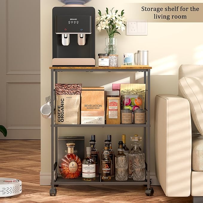 Rolling Kitchen Microwave Cart, 3 Tier Microwave Table Stand with Storage, Kitchen Utility Cart on Lockable Wheels, Small Coffee Cart Shelf Rack Organizer for Living Room Office, Balcony