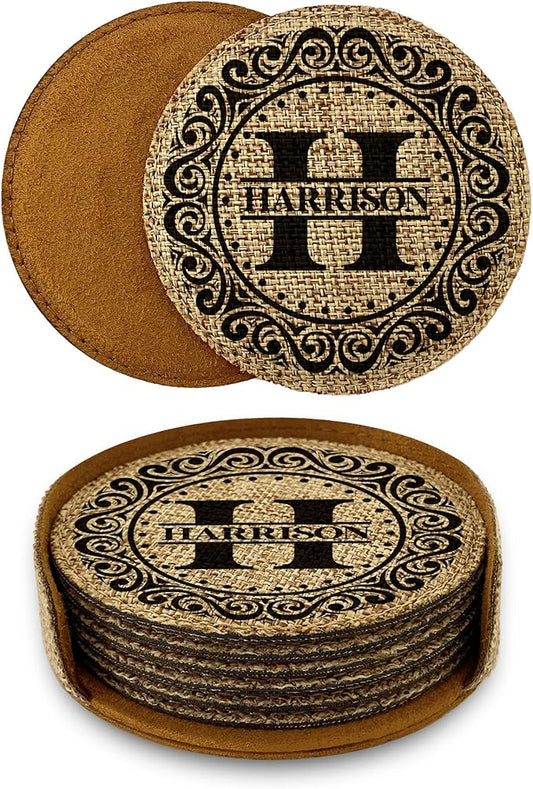 Smile Art Design Family Monogram Custom Coaster Set of 6 with Base Round Burlap Material Family Name Personalized Prints Personalized Gift House Warming Wedding Gift Coffee Table Rustic Decor Style5