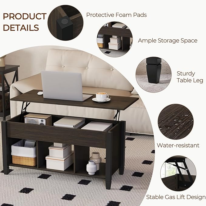 Yaheetech Coffee Table, 41in Lift Top Coffee Table with Storage Hidden Compartment & Shelf, Retro Coffee Center Table with Lift Tabletop for Living Room, Espresso