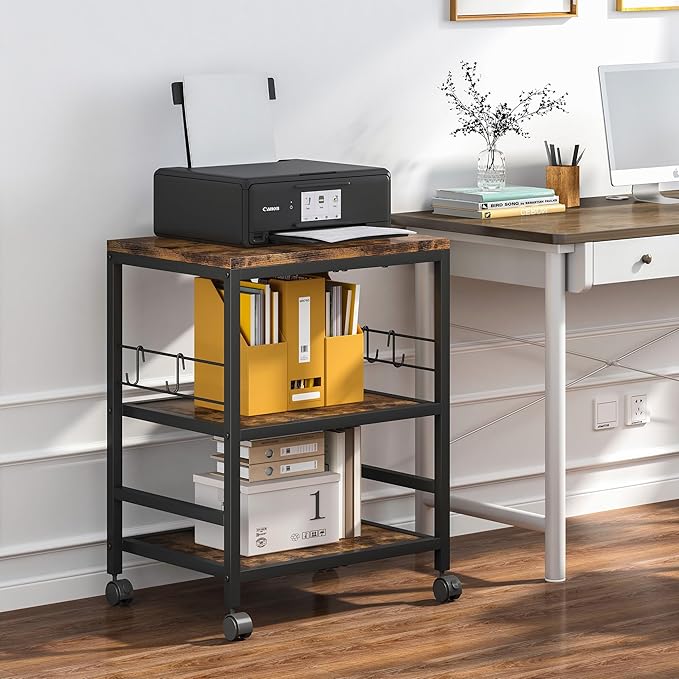 Homeiju 3-Tier Wooden Microwave Cart with Storage, 22.4''W Microwave Stand Coffee Cart Rolling Kitchen Utility Cart with Wheels, 5 Hooks, Rustic Brown and Black