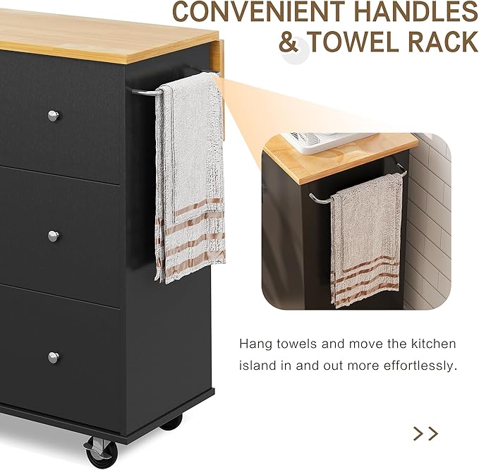 SUNLEI Kitchen Island on Wheels with Storage Cabinet & Foldable Drop Leaf, Rolling Kitchen Table, Cart Handle for Towel Rack, Drop Leaf, Portable Islands for Kitchen (Classic Black, 39.7-INCH)…