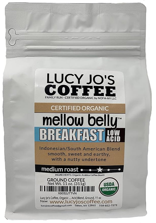 Lucy Jo's Coffee, Organic Mellow Belly Breakfast Low Acid Blend, Medium Roast, Ground, 11 oz