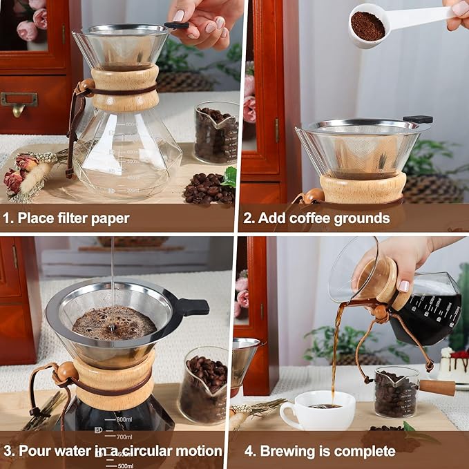 Pour Over Coffee Maker 800ml 27.1oz Glass Drip Coffee Maker with 304 Stainless Steel Filter High Borosilicate Glass Duckbill Spout Solid Wood Handle Pour Over Coffee Dripper for Daily Brewing
