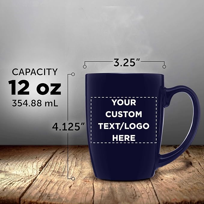 DISCOUNT PROMOS Custom Curved Java Coffee Mug 12 oz. Set of 10/50/100 - Personalized Bulk Pack - Stoneware Restaurant Cups - Cobalt Blue
