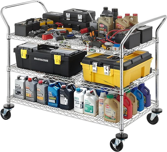 Finnhomy 3-Tier Commercial Grade Rolling Cart, Heavy Duty Utility Carts with Wheels and Handles, Kitchen Trolly on Wheels, Metal Serving Shelves with 700 lbs Capacity, Shelf Size 24" D x 48" W, NSF