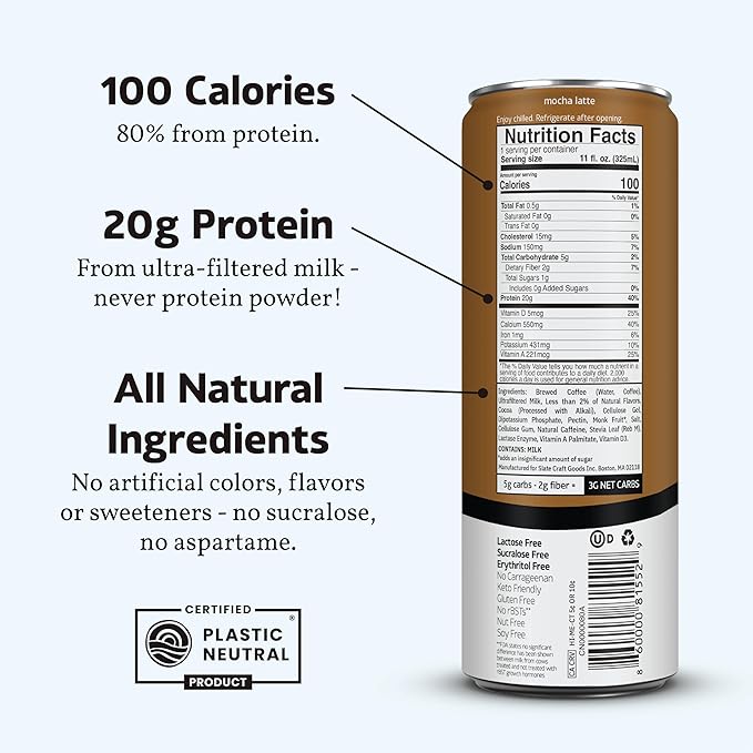 Slate Milk - High Protein Iced Coffee - Mocha Latte - 175mg Caffeine, Lactose Free Energy - 20g Protein, 1g Sugar, 100 Calories, 3g Net Carbs, No Sugar Added - Protein Coffee - 11 fl oz, 12 Cans