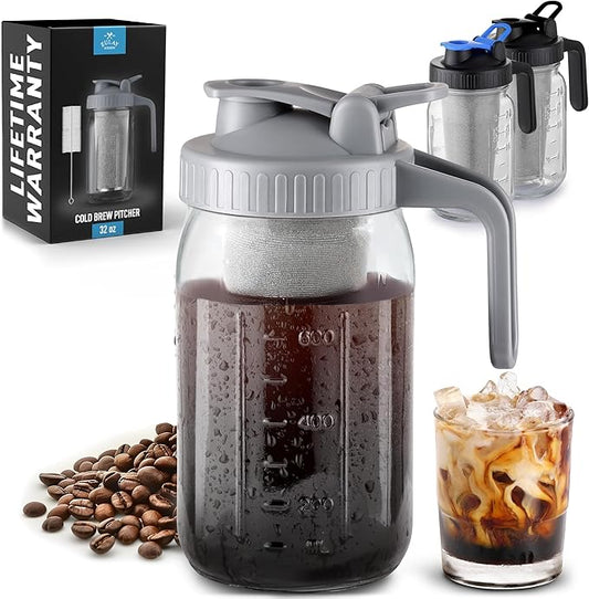 Zulay Premium Cold Brew Coffee Maker - 32oz Mason Jar With Leak-Proof Lid & Extra-Thick Glass - Fine-Mesh Stainless Steel Filter For Smooth Cold Brew & Iced Tea - Gray