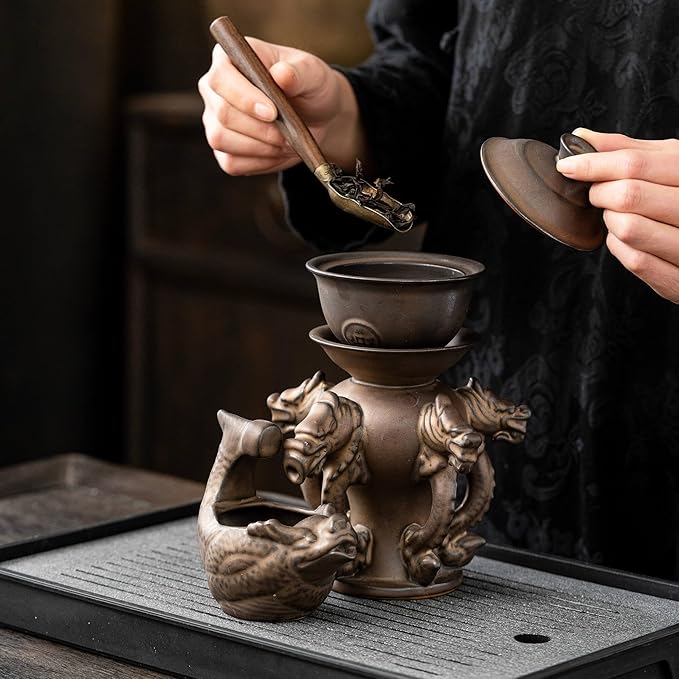 Kungfu Tea Sets Ceramic Teapot with Infuser Loose Leaf Tea Teapot with 8 cups (Antique Brass Dragons)