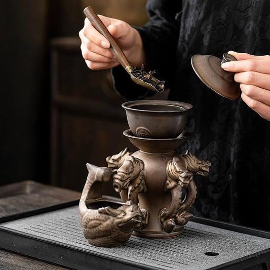 Kungfu Tea Sets Ceramic Teapot with Infuser Loose Leaf Tea Teapot with 8 cups (Antique Brass Dragons)