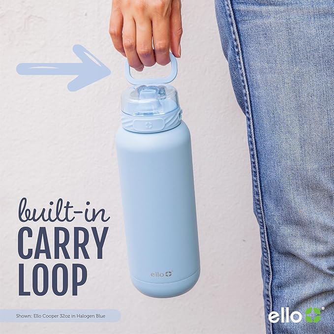Ello Cooper 22oz Stainless Steel Water Bottle with Straw and Carry Handle, Double Walled and Vacuum Insulated Metal, Leak Proof Locking Lid with Soft Silicone Spout, Reusable, BPA Free, Halogen Blue