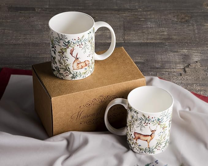 Maison d' Hermine Coffee Mug with Handles Fine Bone China Mugs Pack of Two Tea Cups for Hot Beverages Cappuccino Latte Home Restaurant Office Perfect for Gift (Holly Time, 12 Ounce)