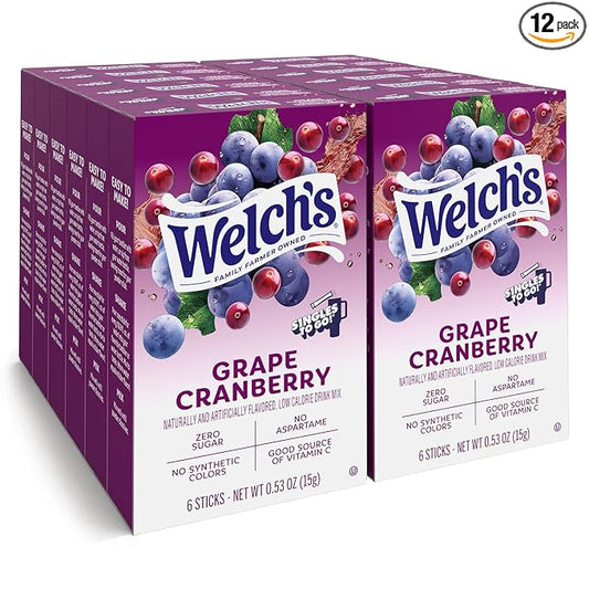 Welch's Singles To Go Water Drink Mix - Powder Sticks, 12 Boxes with 6 Packets Each - 72 Total Servings, Grape Cranberry, Pack of 12