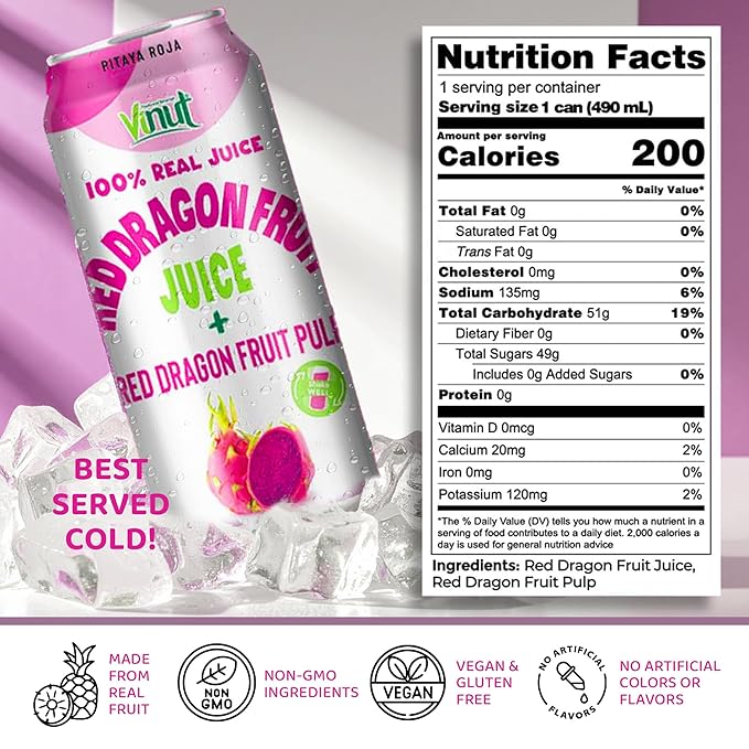 VINUT 100% Red Dragon Fruit Juice with Pulp (Pitaya), No Added Sugar, Not From Concentrate, 16.57 fl oz (490 mL) Can, Pack of 24
