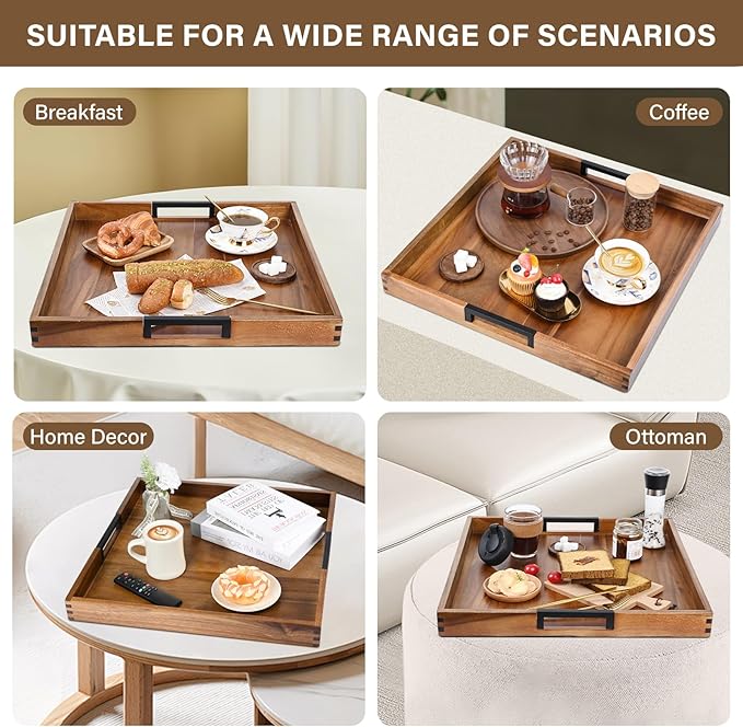 Large Ottoman Tray for Living Room and Coffee Table, Decorative Acacia Wood Serving Tray with Handles for Breakfast in Bed, Dinner Food Kitchen TV (Natural, 22" x 22" x 2")
