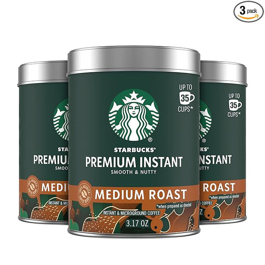 Starbucks Premium Instant Coffee, Medium Roast Coffee, Arabica Beans, Three 3.17 oz Tins