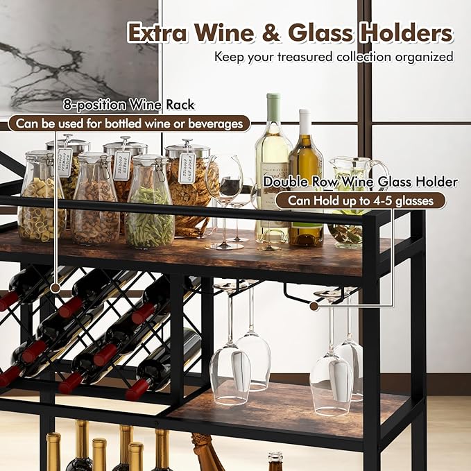 Giantex Bar Cart, 3 Tier Serving Cart for Home, 8 Wine Bottles Rack, Glass Holder, Industrial Mobile Kitchen Cart with Lockable Wheels and Handle, Storage Shelves for Drink Beverage