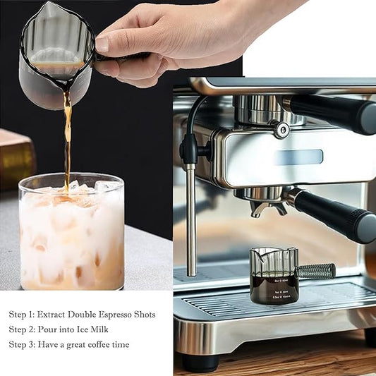 Espresso Cups Set of 2, 4 OZ Glass Double Spouts Cups, Shot Glasses, Milk Cup with Glass Handle for Dishwasher Safe, Espresso Accessories for Machine, Demitasse Cups, Small (Gray)