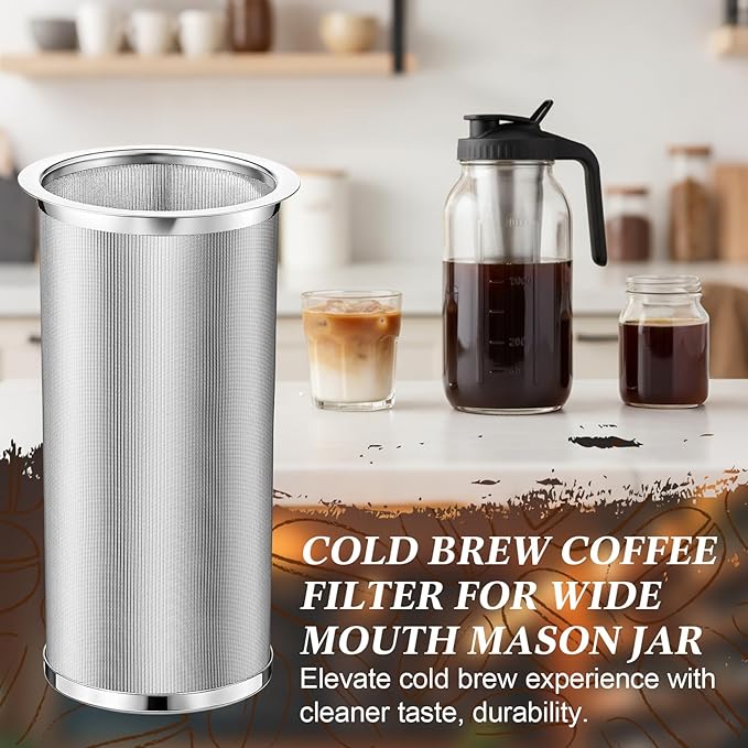Acellegic Cold Brew Coffee Filter with Brush Tea Infuser Strainer for 32 Oz/1 Quart Wide Mouth Mason Jar 304 Stainless Steel Food Grade Filter with Sealing Ring for Iced Drink Fruit Tea Coffee Maker