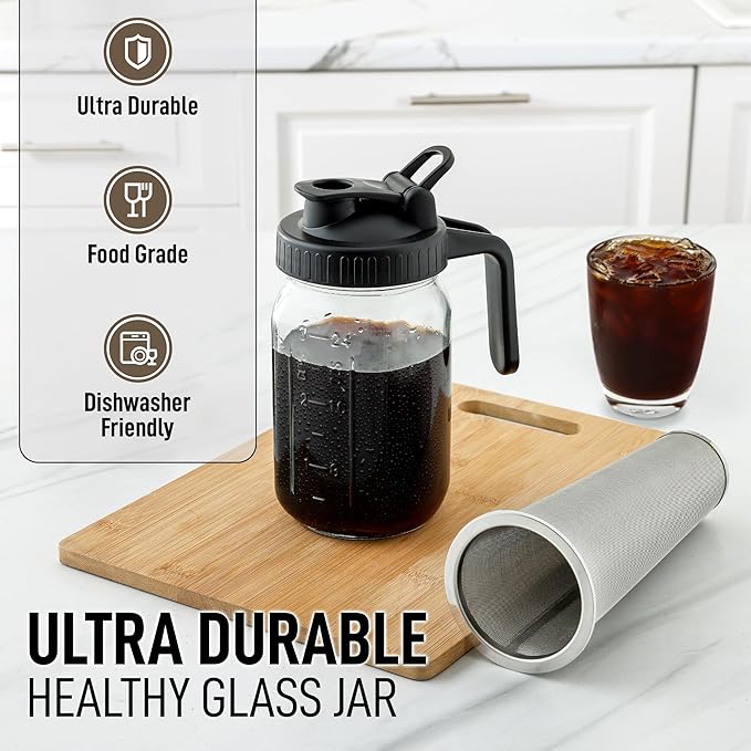 Zulay Premium Cold Brew Coffee Maker - 32oz Mason Jar With Leak-Proof Lid & Extra-Thick Glass - Fine-Mesh Stainless Steel Filter For Smooth Cold Brew & Iced Tea - Black