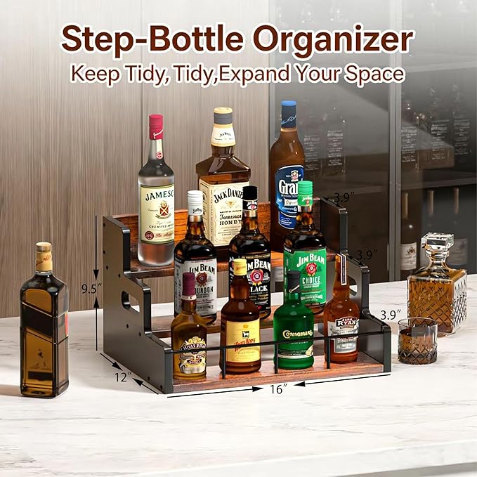 Yelinkws Liquor Bottle Display Shelf,Wood Syrup Organizer Rack,3 Step Countertop Organizer Wine Rack,Rustic Coffee Station Accessories for Syrup (Brown)