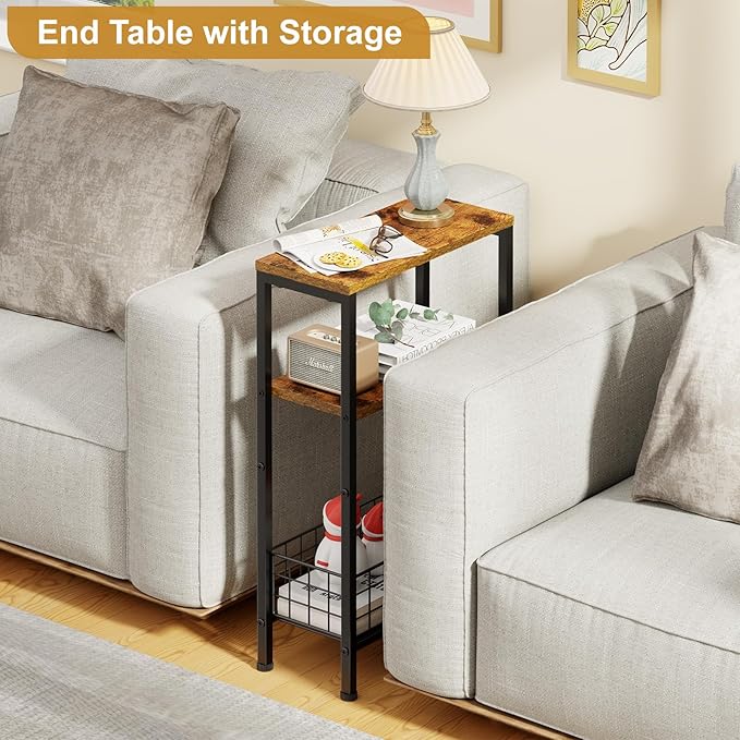 X-cosrack Narrow Side Table, Small End Table with Storage, 3-Tier Skinny Night Stand for Living Room, Bedroom, Small Spaces, Rustic Brown & Black(Patent Pending)