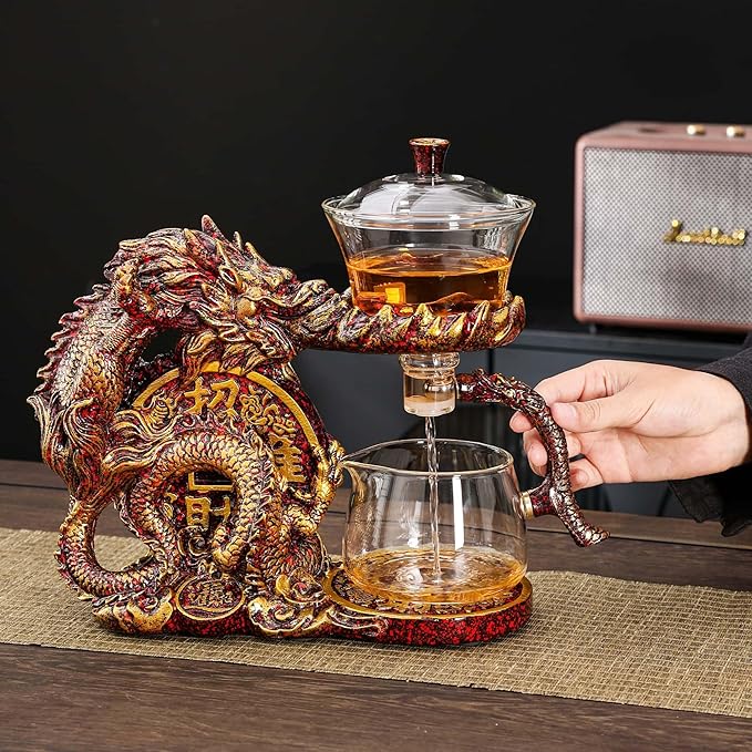 Glass Teapot Set with Infuser Semi Automatic Dragon Tea Set with 6 Small Cups (red golden dragon-b)