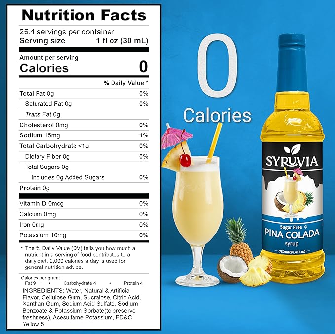 Syruvia Sugar Free Pina Colada Syrup, Flavored Syrup for Cocktails, Drinks, Lemonades, Iced Teas, and Desserts – 25.4 fl oz, With Pump