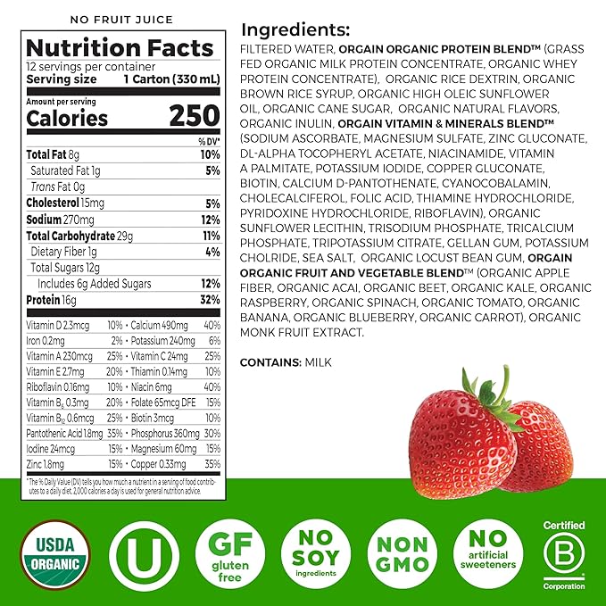 Orgain Organic Nutritional Protein Shake, Strawberries & Cream - 16g Grass Fed Whey Protein, Meal Replacement, 20 Vitamins & Minerals, Fruits & Vegetables, Gluten Free, Non-GMO, 11 Fl Oz (12 Pack)