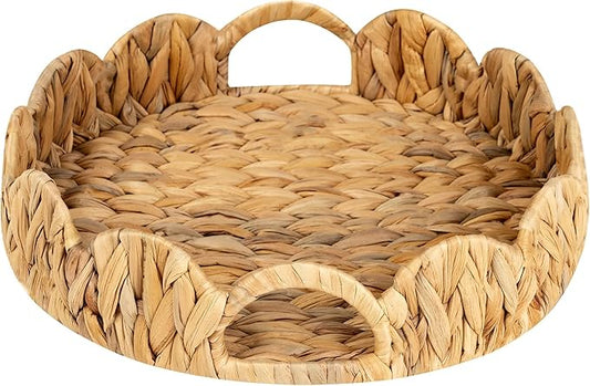 StorageWorks Scalloped Tray, Round Basket Tray Wicker Rattan Serving Tray with Handles, Scallop Basket Table Décor Trays, Water Hyacinth