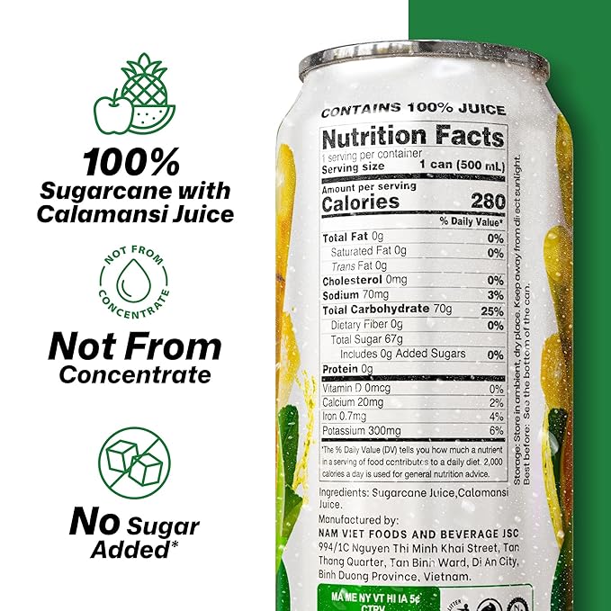 VINUT 100% Sugarcane with Calamansi Juice, No Added Sugar, Not From Concentrate, 16.9 fl oz (500 mL) Can, Pack of 12
