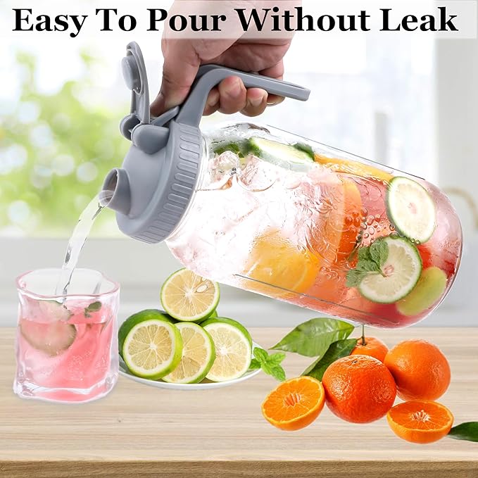 Mason Jar Pitcher Wide Mouth 64 OZ Glass Jars With Pour Spout Lids Airtight Leak-proof 2 Quart Water Pitcher With Handle For Iced Tea, Milk, Sun Tea, Lemonade, Iced Coffee