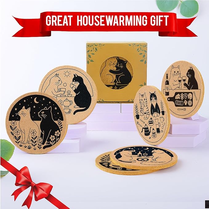 Coasters for Drinks with Holder Set of 6, Cat Cork Coaster Absorbent for Office Desk Table Coasters Kitchen Decor House Warming Gifts for New Home Couples, Round 4"